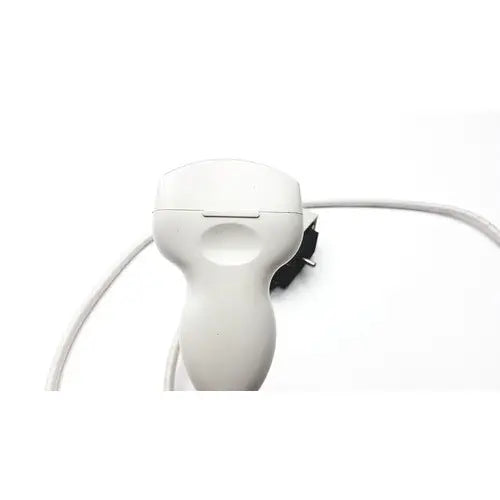 White handheld Siemens linear array ultrasound transducer probe with curved ergonomic design and attached power cord