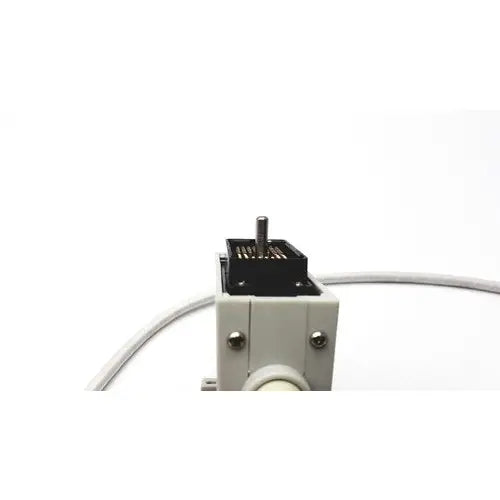 Gray plastic housing with black connector and metallic pin showing back side of siemens linear array ultrasound probe