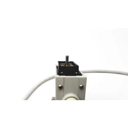 Gray plastic housing with black connector and metallic pin showing back side of siemens linear array ultrasound probe