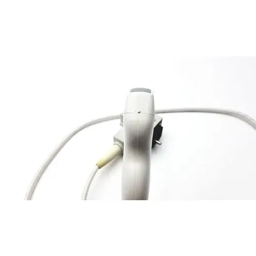 Gray siemens linear array ultrasound transducer probe with coiled cable and yellow connector for medical imaging use