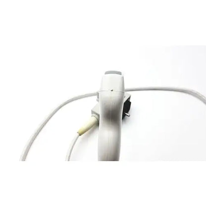 Gray siemens linear array ultrasound transducer probe with coiled cable and yellow connector for medical imaging use