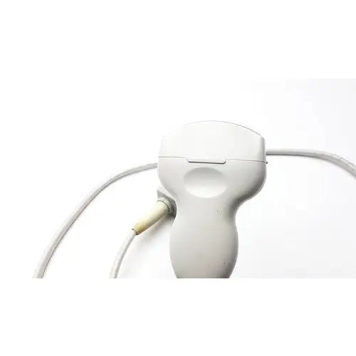 White plastic Siemens linear array ultrasound transducer probe with curved handle and attached cable for imaging