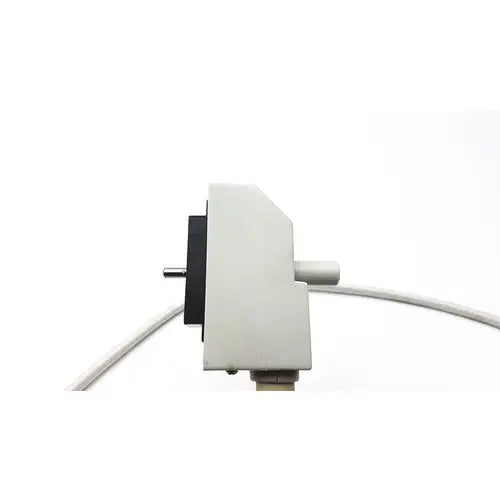 Gray plastic camera mount with black rectangular and cylindrical parts on the back of siemens linear array ultrasound transducer probe