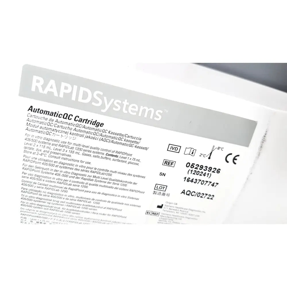 Gray rapidsystems automaticqc cartridge with multilingual labeling and regulatory markings for siemens rapidpoint reuse medical system