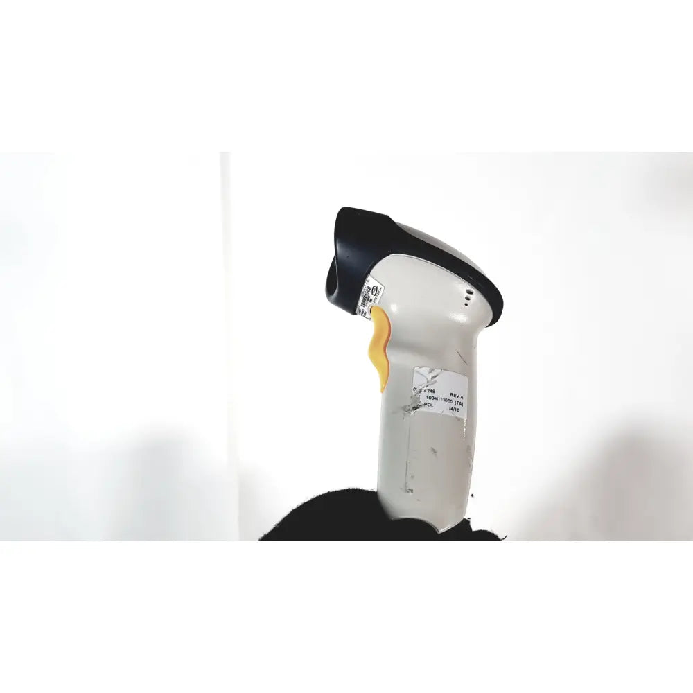 Siemens rapidpoint handheld barcode scanner with white and black body and yellow trigger for reuse medical systems