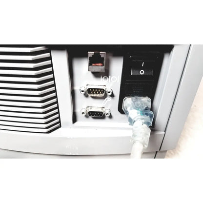 Gray plastic siemens rapidpoint 400 series system back with black ethernet, two serial ports, power switch, and clear cable for reuse medical use