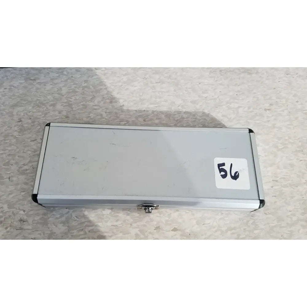 Silver hard protective aluminum tool case with small lock and black corner accents for secure storage