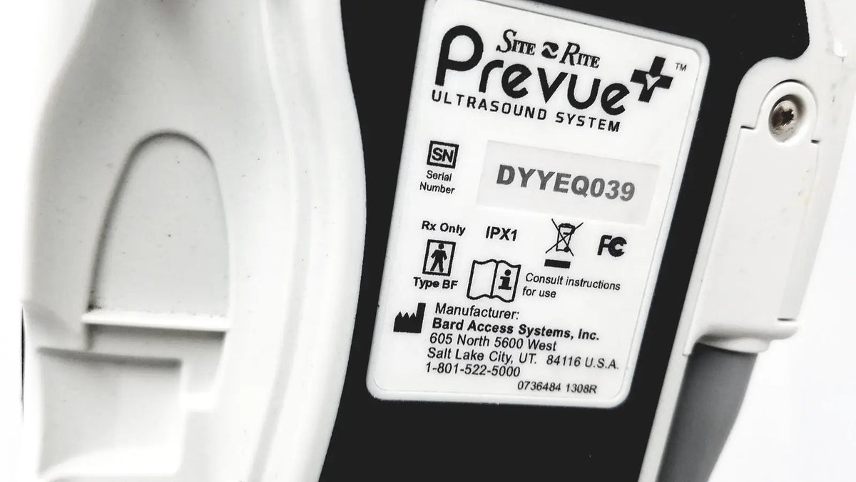 White plastic label on site rite prevue ultrasound system by bard access systems with black text and symbols