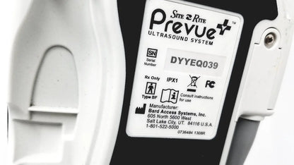 White plastic label on site rite prevue ultrasound system by bard access systems with black text and symbols