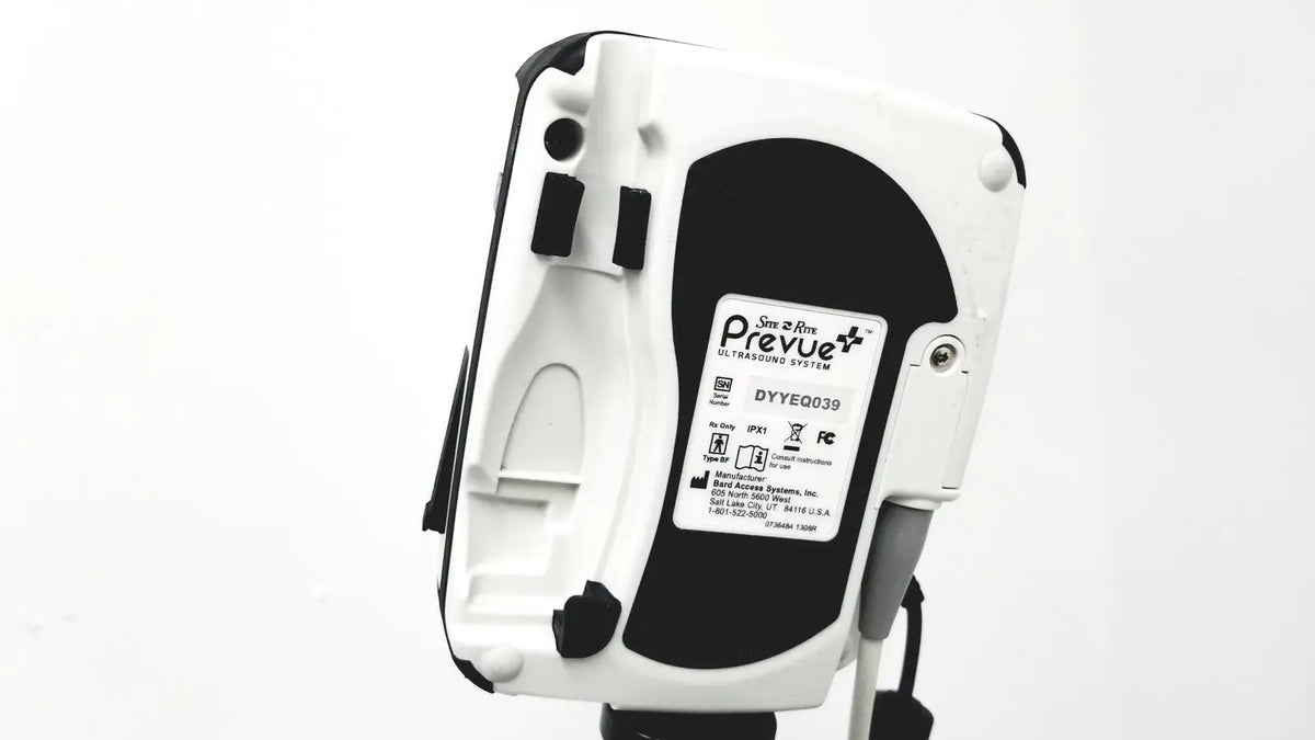 White and black plastic site rite prevue ultrasound system back panel with label on rolling cart and probes