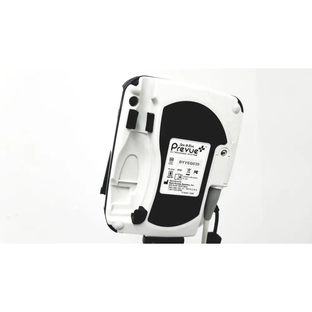 White and black plastic site rite prevue ultrasound system back panel with label on rolling cart and probes