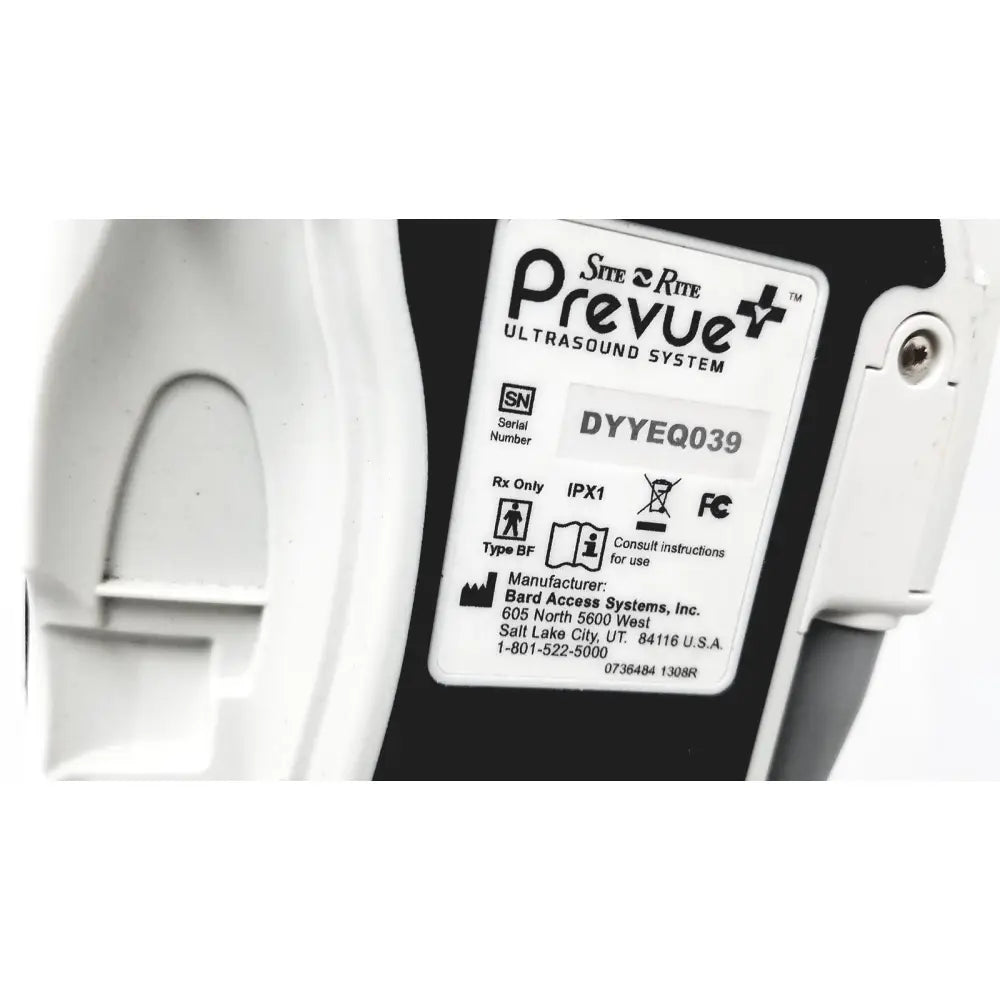 White plastic label on site rite prevue ultrasound system by bard access systems with black text and symbols