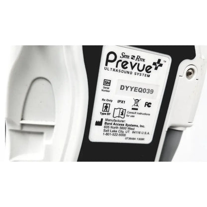 White plastic label on site rite prevue ultrasound system by bard access systems with black text and symbols