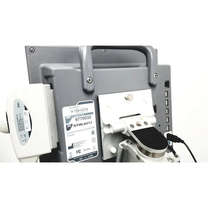 Gray site rite vision ultrasound system monitor with white label and multiple usb ports on side on rolling cart with extras