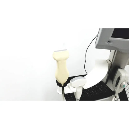 Cream-colored site rite vision ultrasound transducer with smooth ergonomic grip and rounded head on rolling cart with extras