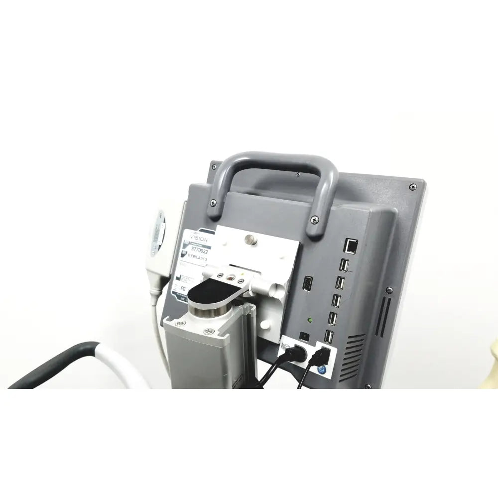 Gray site rite vision ultrasound system medical monitor with handle usb ports and attached cables on rolling cart back side