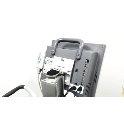 Gray site rite vision ultrasound system medical monitor with handle usb ports and attached cables on rolling cart back side