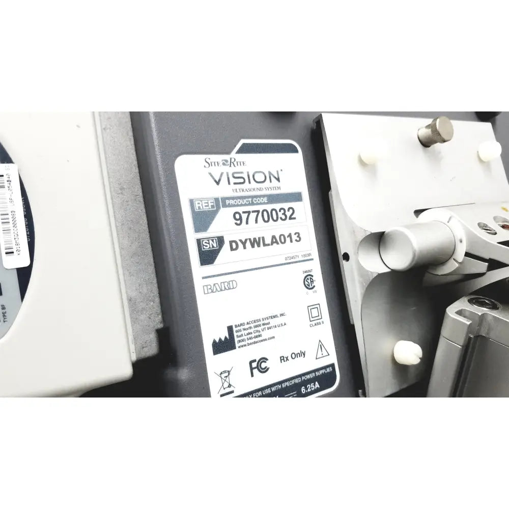 Black plastic label with white text and logo for stryker site rite vision ultrasound system 9770032 with rolling cart