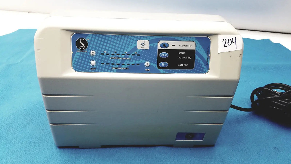 Gray and blue sizewise medical equipment air pump with control panel featuring mode static alternating and autotrim buttons