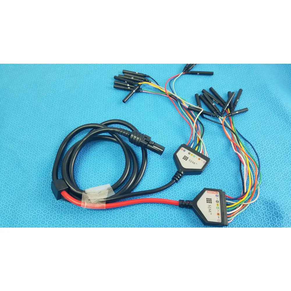 Black coiled SJM St Jude Medical diagnostic connection cable with hexagonal connectors and multi-colored wires for reuse medical equipment