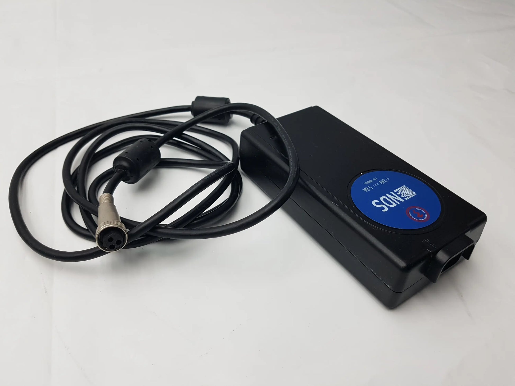 Black rectangular sl power electronics mw155ra2400f02 medical power supply with coiled cable and sonos label