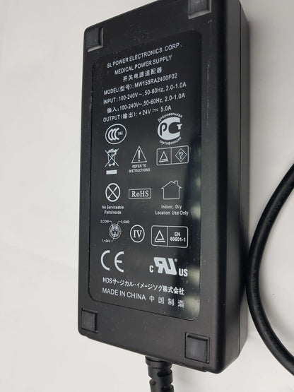 Black plastic medical power supply mw155ra2400f02 with matte finish and printed specifications on label back side