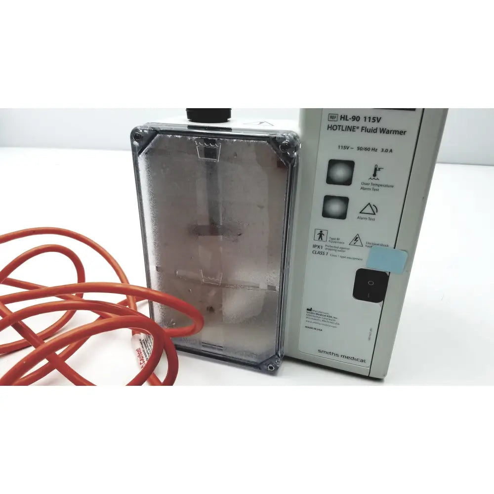 Silver metallic smiths medical blood fluid warmer level 1 hl-90 115v with transparent front panel and orange power cord