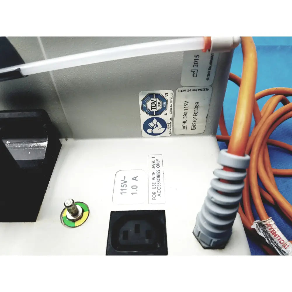White plastic smiths medical hl-390 level 1 hotline 3 fluid warmer power supply unit with orange cables and tuv certification sticker