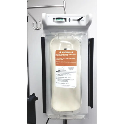 Clear plastic iv bag with orange warning label mounted in gray smiths medical level 1 fluid warming system