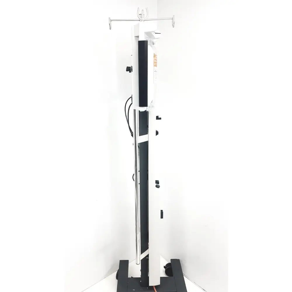 White and black medical IV pole with vertical tube and adjustable arms for Smiths Medical Level 1 Fluid Warming System