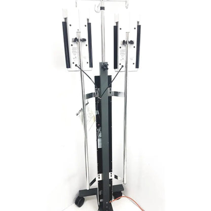 Black and silver iv pole with four adjustable arms for fluid administration in smiths medical level 1 fluid warming system