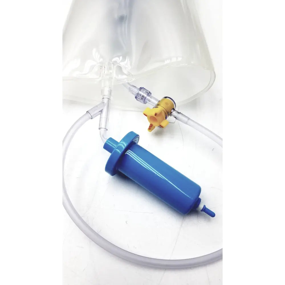 Smiths Medical MX4705 clear cuff pressure infusor with blue cylindrical filter transparent tubing and yellow valve attachment