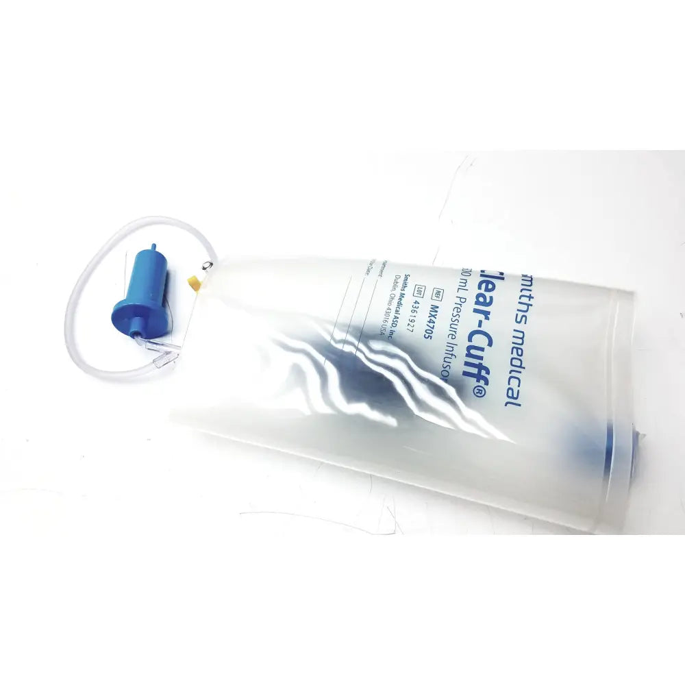 Smiths Medical MX4705 clear cuff pressure infusor 500ml with clear plastic 20ml bag blue pump and white tubing labeled Smiths Medical