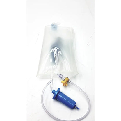 Transparent plastic iv bag with clear tubing and blue filter attachment for smiths medical mx4705 clear cuff pressure infusor
