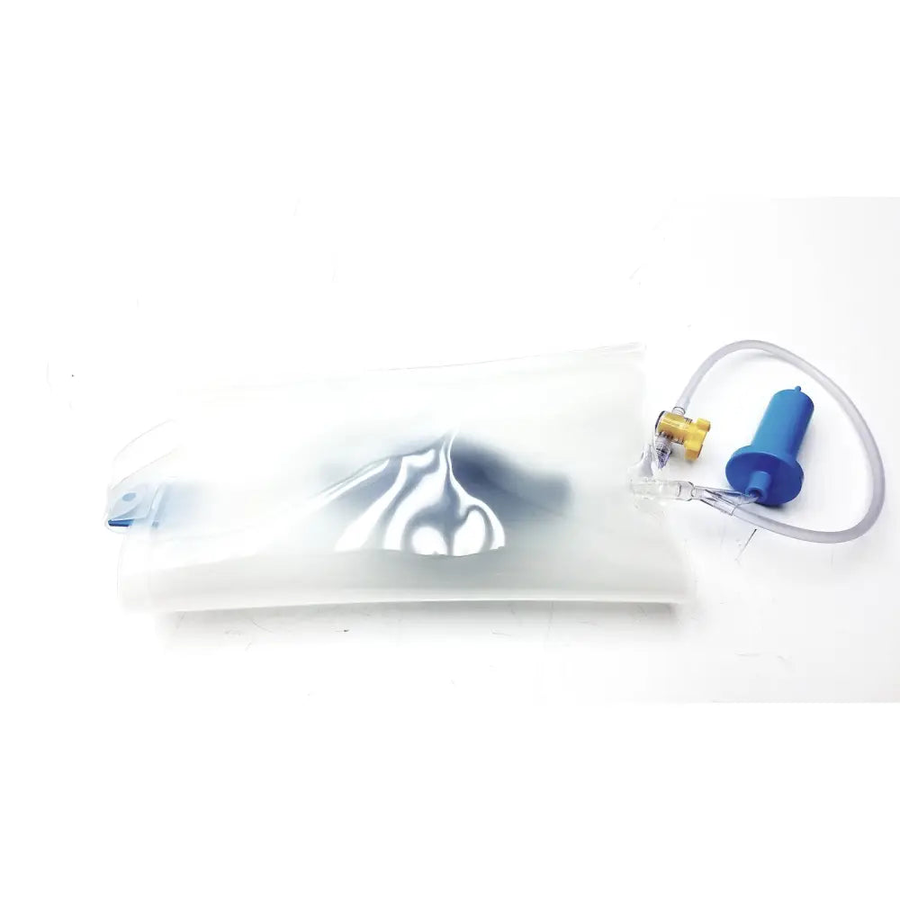 Transparent plastic water collection bag with blue and yellow tubing attached in smiths medical mx4705 clear cuff infusor 500-mL