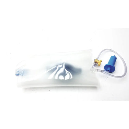 Transparent plastic water collection bag with blue and yellow tubing attached in smiths medical mx4705 clear cuff infusor 500-mL