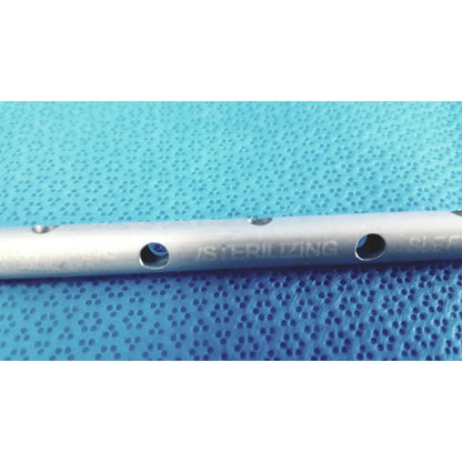 Silver metallic snowden pencer pretzel articulating retractor rod with circular holes and sterilizing engraving