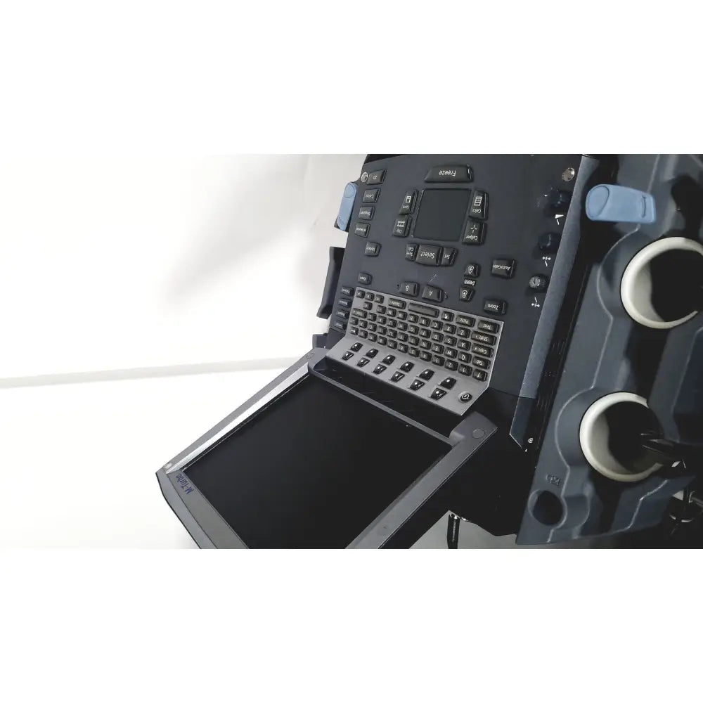 Black sonosite m-turbo portable ultrasound system with touchscreen, keyboard, and control buttons for medical use