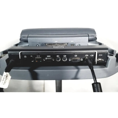 Black sonosite m-turbo portable ultrasound system showing multiple ports and connected cables on the back side
