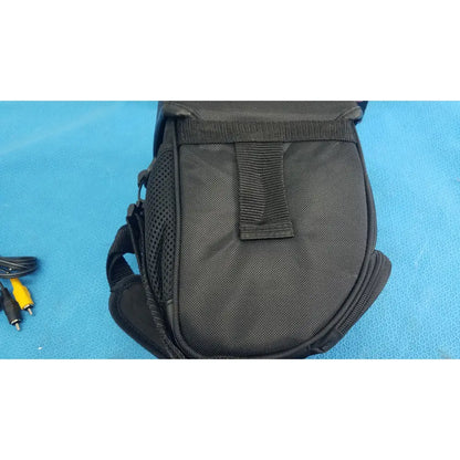 Black mesh and nylon camera bag with adjustable strap for sony cyber-shot dsc-f828 digital still camera with ac adapter