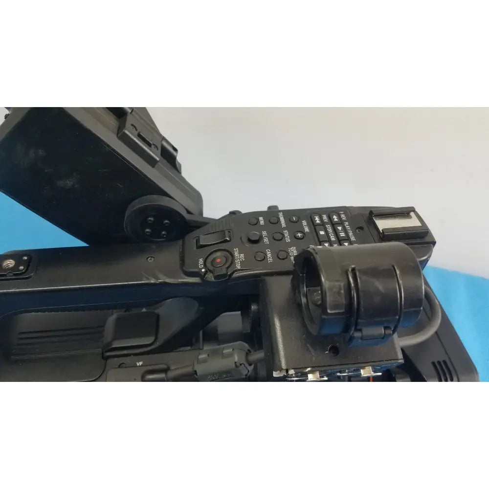 Black Sony PMW-300 solid-state memory xdcam camcorder with matte finish and multiple control buttons for professional use