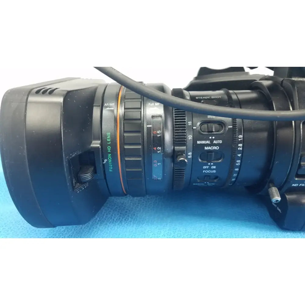 Black fujifilm hd lens with orange accent and control dials featured on sony pmw-300 memory xdcam camcorder
