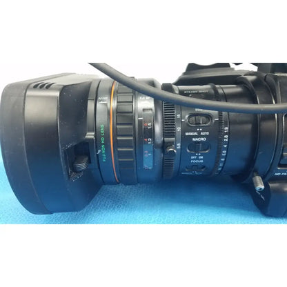 Black fujifilm hd lens with orange accent and control dials featured on sony pmw-300 memory xdcam camcorder