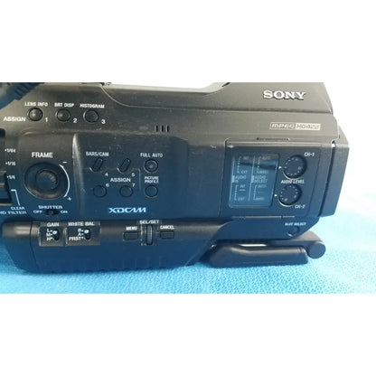 Black sony pmw-300 memory xdcam camcorder with matte finish, control dials, buttons, and small lcd screen
