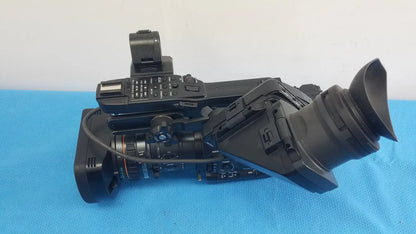 Black sony pmw-300 professional memory xdcam camcorder with large lens and attached viewfinder for high quality video recording