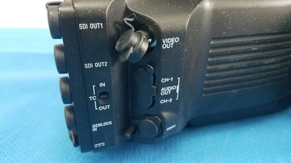 Black sony pmw-300 memory xdcam camcorder showing multiple output ports including sdi and audio jacks on the back side