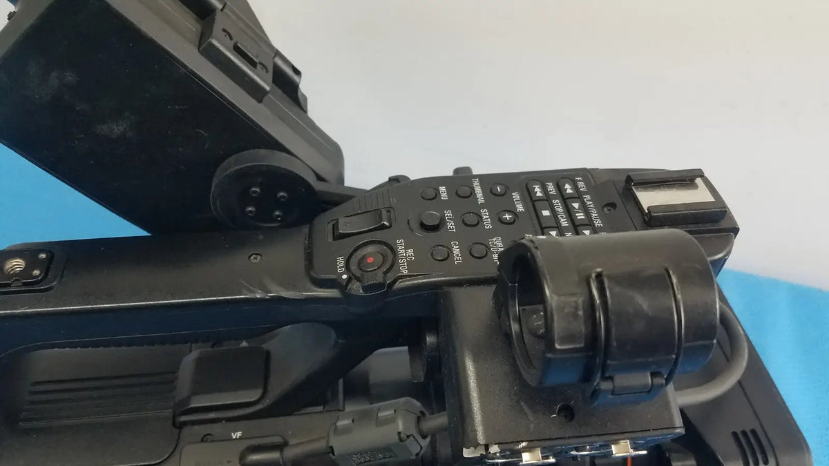 Black Sony PMW-300 solid-state memory xdcam camcorder with matte finish and multiple control buttons for professional use