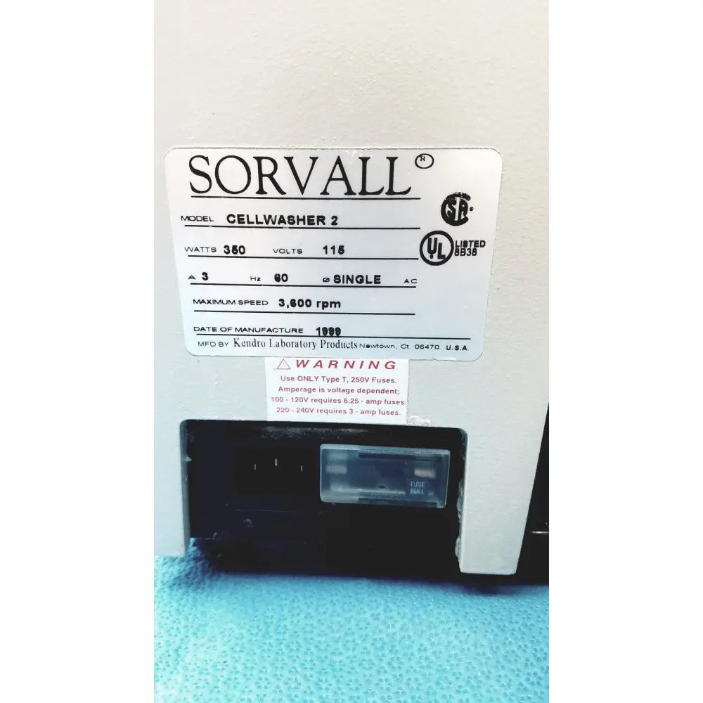 Sorvall cell washer 2 centrifuge cell washing system with white technical label designed for 3600 rpm operation