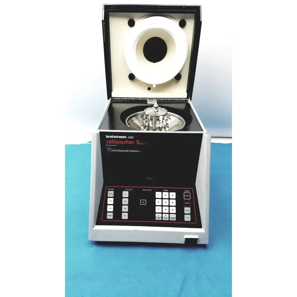 Black and gray sorvall instruments cell washer 2 shown from the back side for efficient cell washing applications