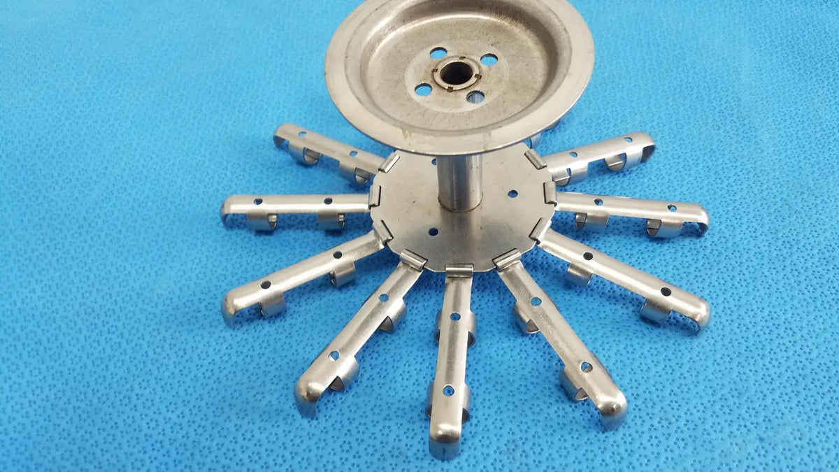Silver metallic sorvall type-da-12 centrifuge rotor with eight arms and central hub for laboratory centrifuge use